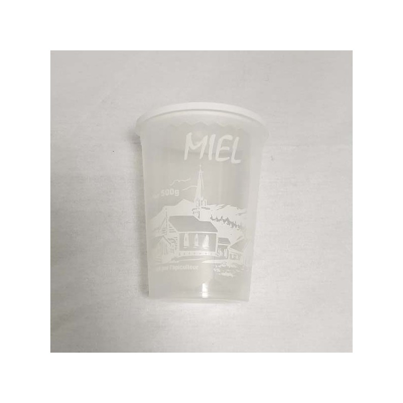 Pot plastique transparent impression blanche "miel" - 500 g (unité)