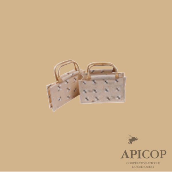 Panier en toile de jute motif abeilles pour pots 3 x 250 g